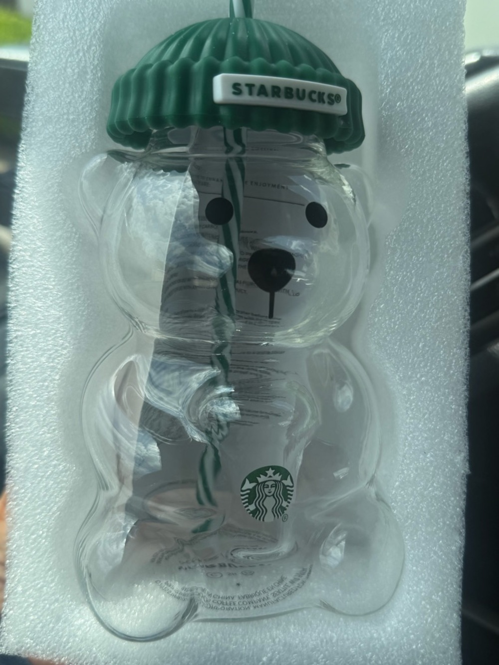 Starbucks Clear Bear Tumbler with Dark Green Beanie Lid
